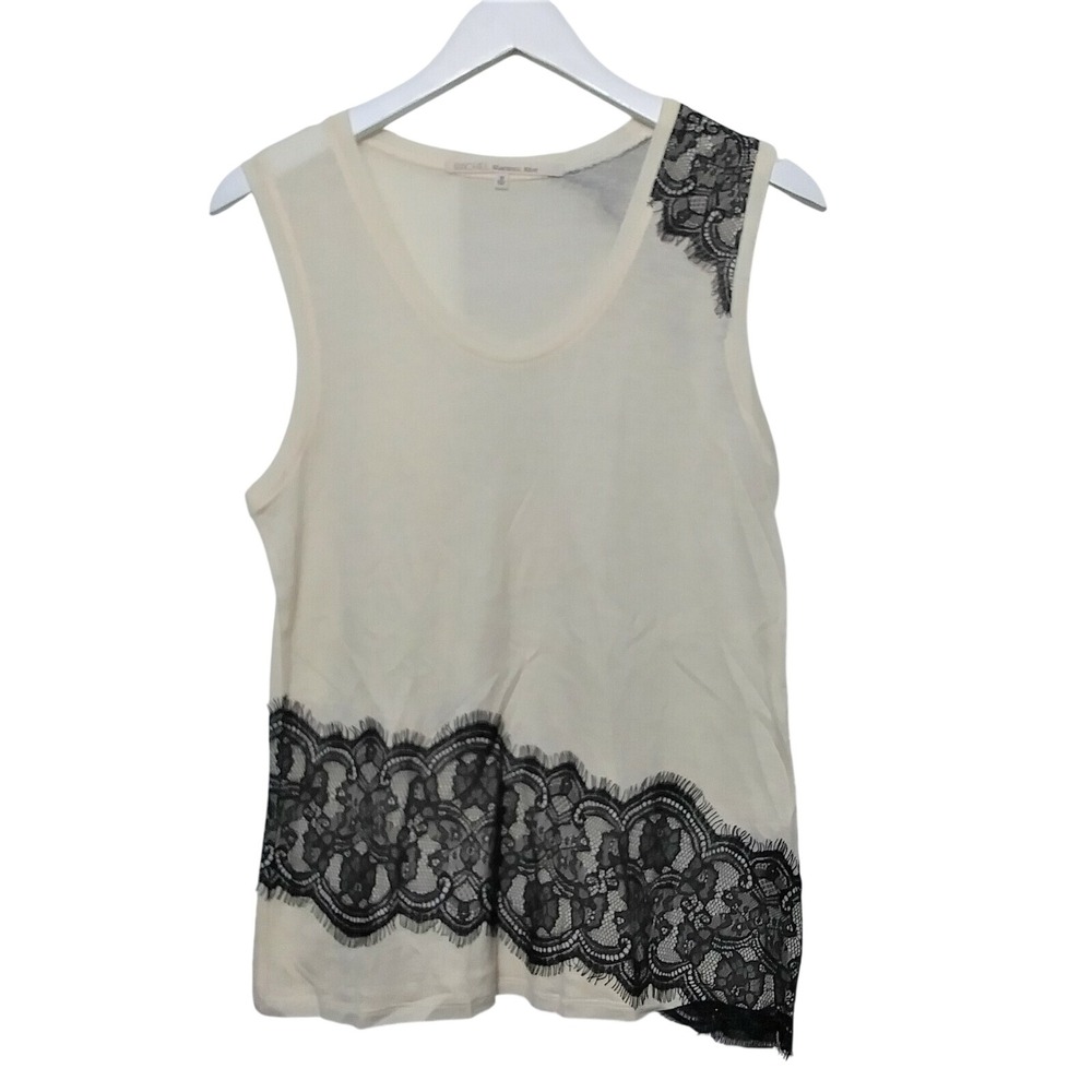 Rachel Rachel Roy Womens Cream Black Eyelash‎ Lace Trim Sleeveless Tank Top M